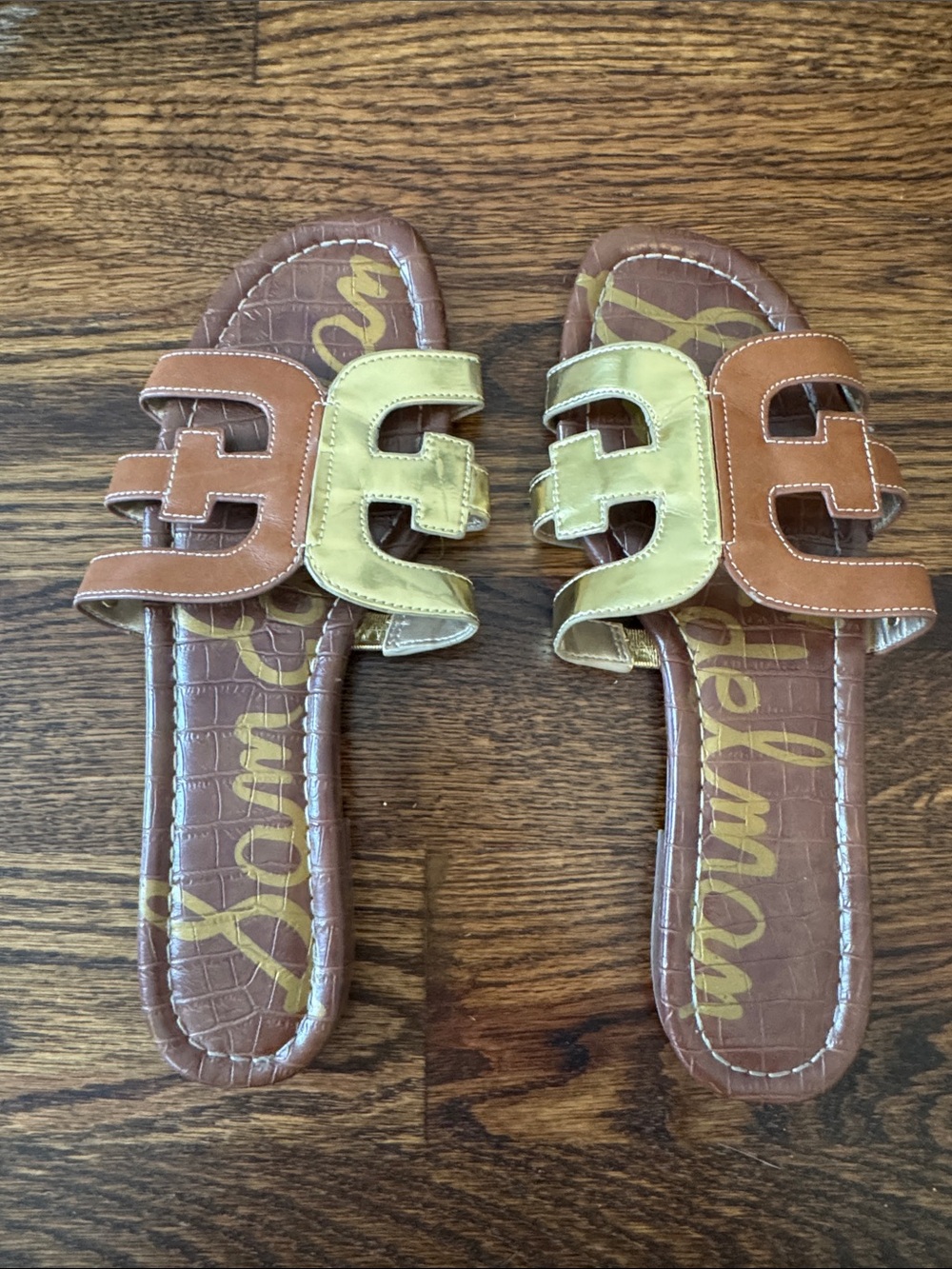 Sam Edelman Bay Slide Two-Tone Brown and Gold Slide Sandals